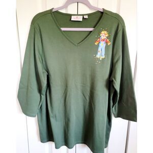Quacker Factory XL Long‎ Sleeve Scarecrow Olive Green Top V Neck Harvest Fall